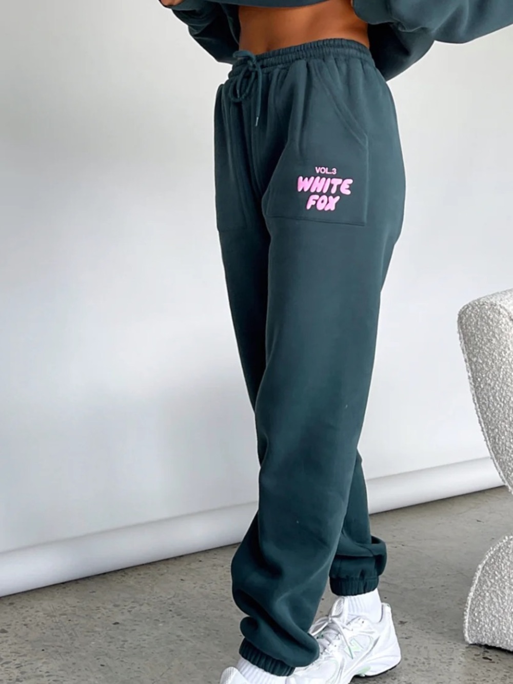 White Fox Boutique Dark Teal Track Pants with Pink Logo